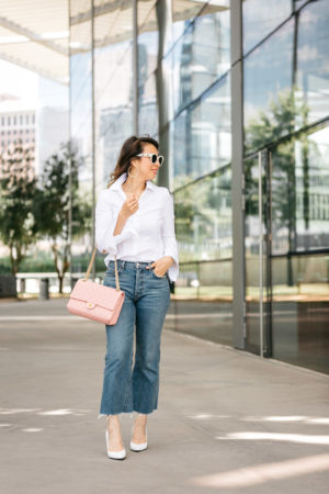 style of sam in reformation midcrop flare jeans lafayette 148 cynthia shirt chanel pink reissue gucci white star sunglasses