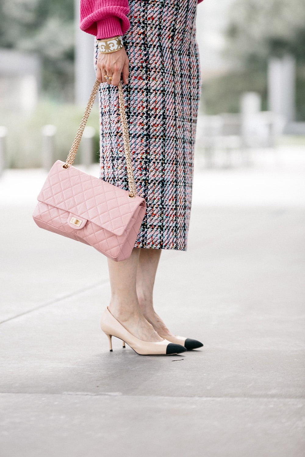 style of sam in pink tweed skirt chanel cap toe heels pink reissue
