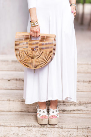 style of sam in white midi dress bamboo arc bag white studded espadrilles