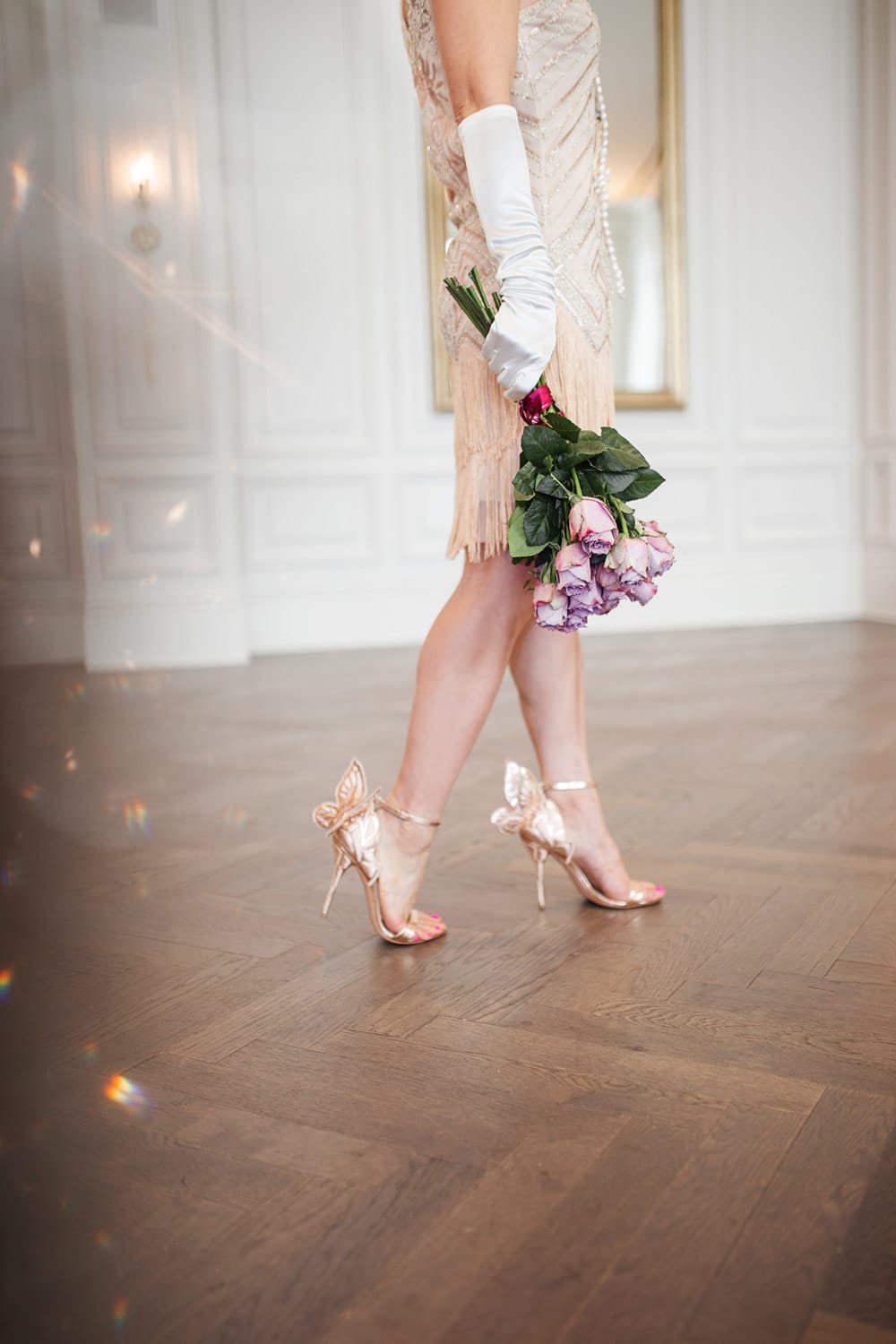 style of sam in sophia webster rose gold chiara heels adolphus hotel ballroom