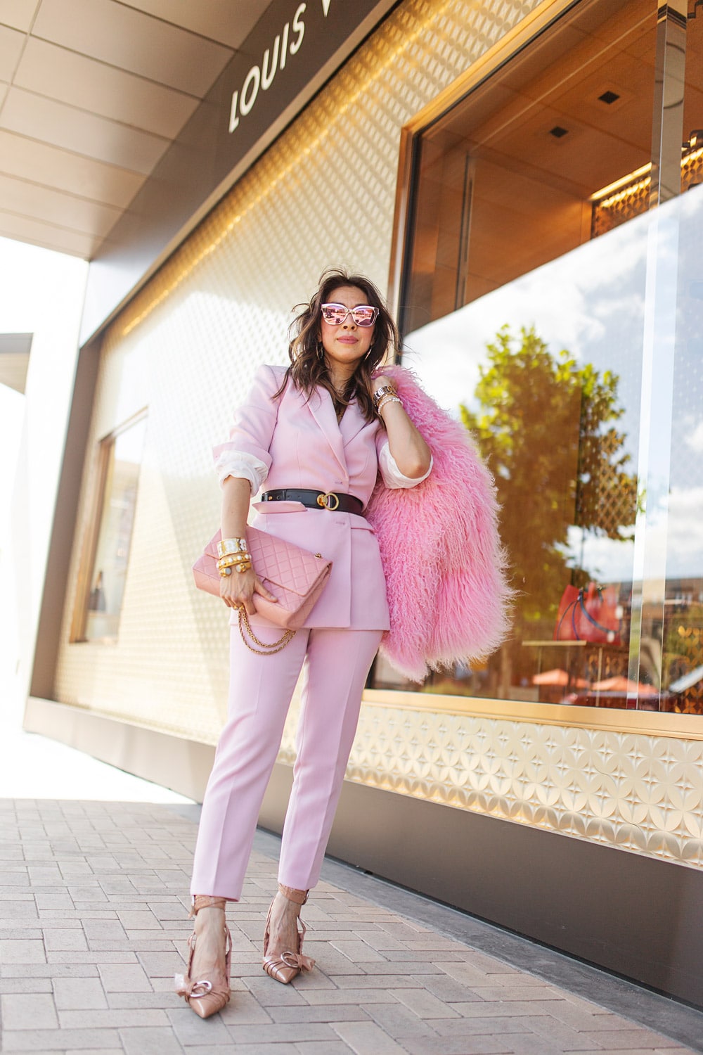 style of sam in something navy pink suit fur jacket chanel reissue dior conquest heels