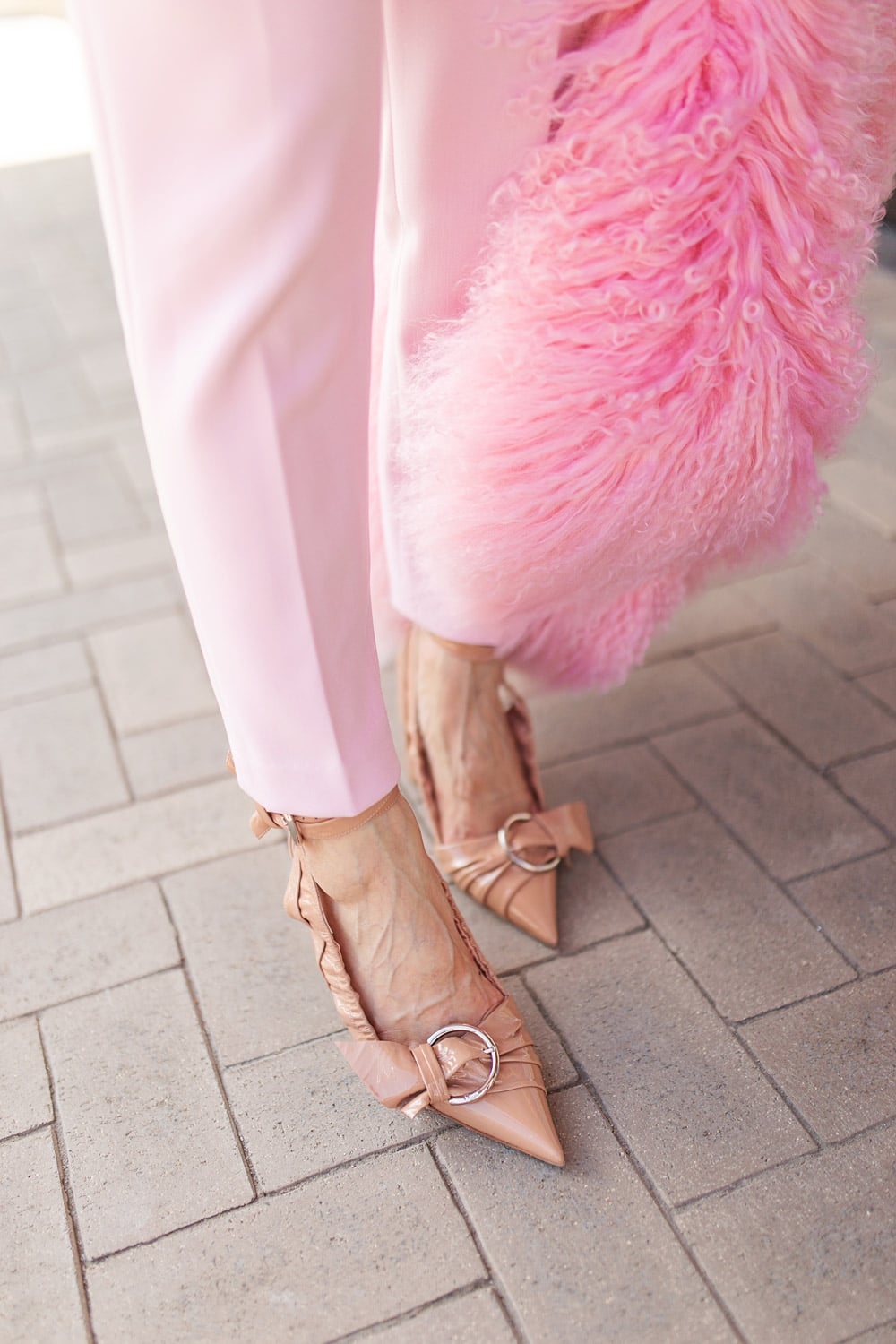 style of sam in dior conquest heels pink fur jacket