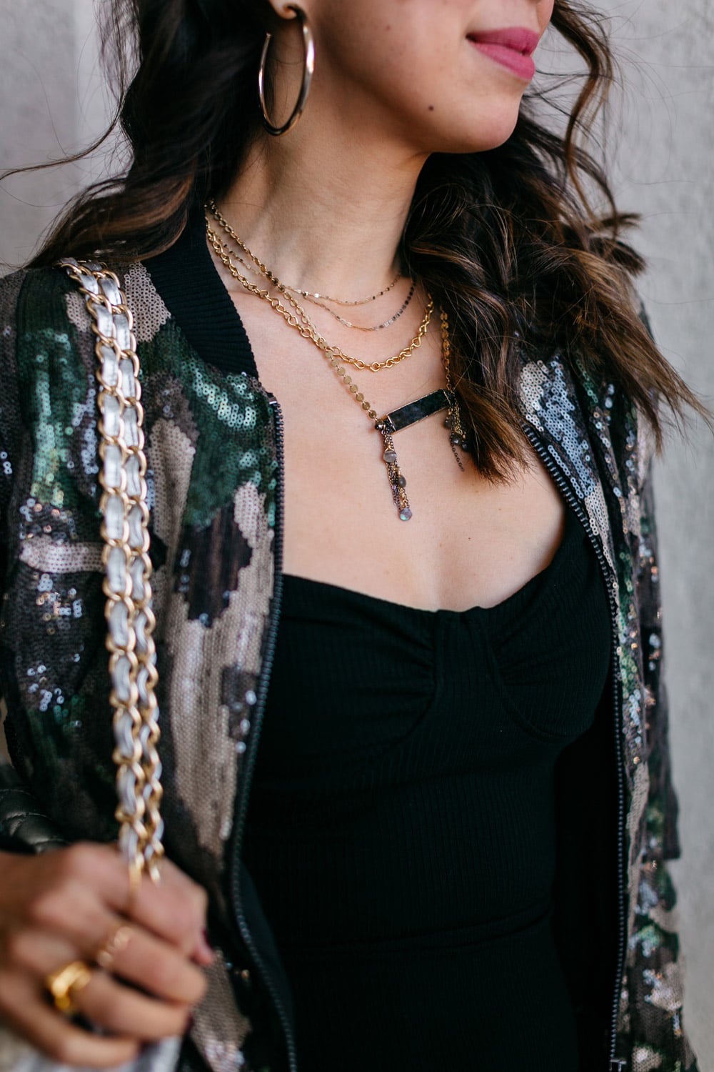 style of sam in camo sequin jacket lana double choker harper and hallam labradorite necklace