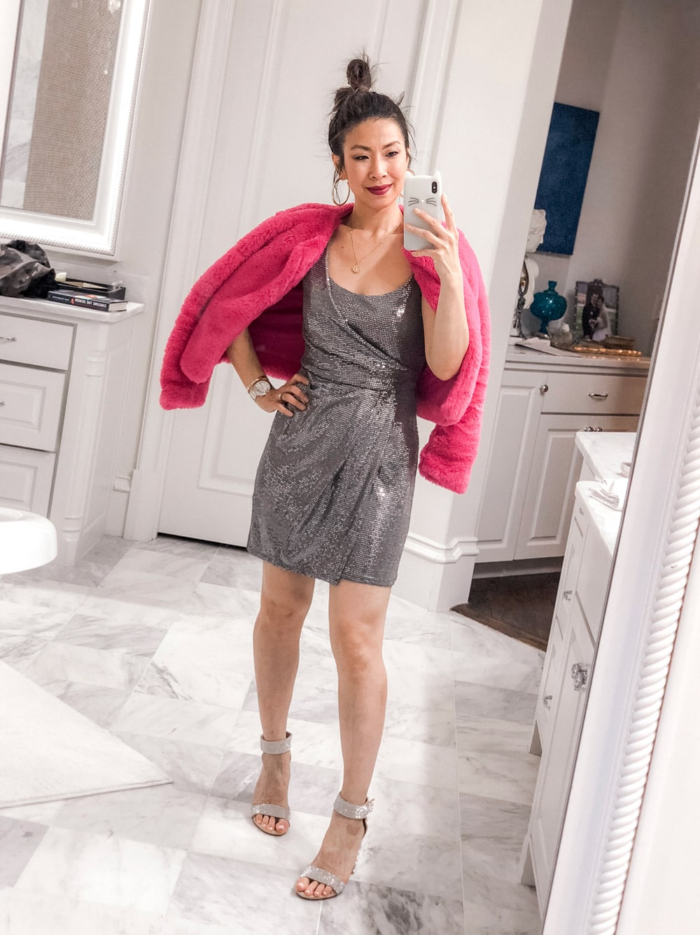 style of sam in bright pink fur jacket topshop sequin mini dress bathroom selfie