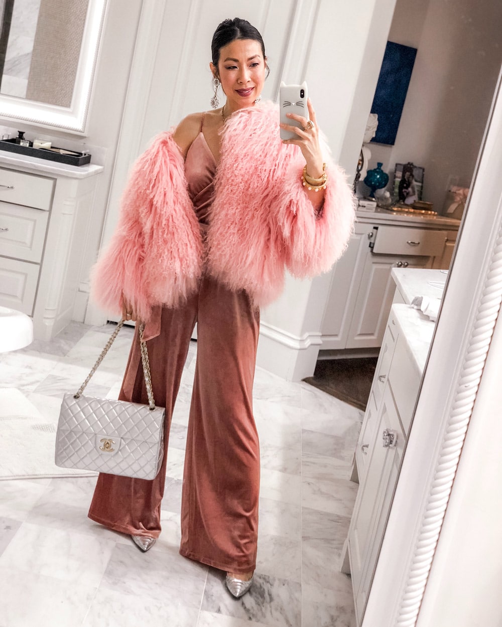 style of sam in pink charlotte simone fur jacket ali & jay pink velvet jumpsuit chanel silver maxi bathroom selfie