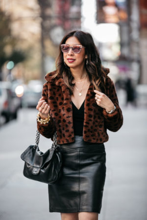 style of sam in leopard faux fur leopard teddy jacket leather skirt chanel soft and chain flap