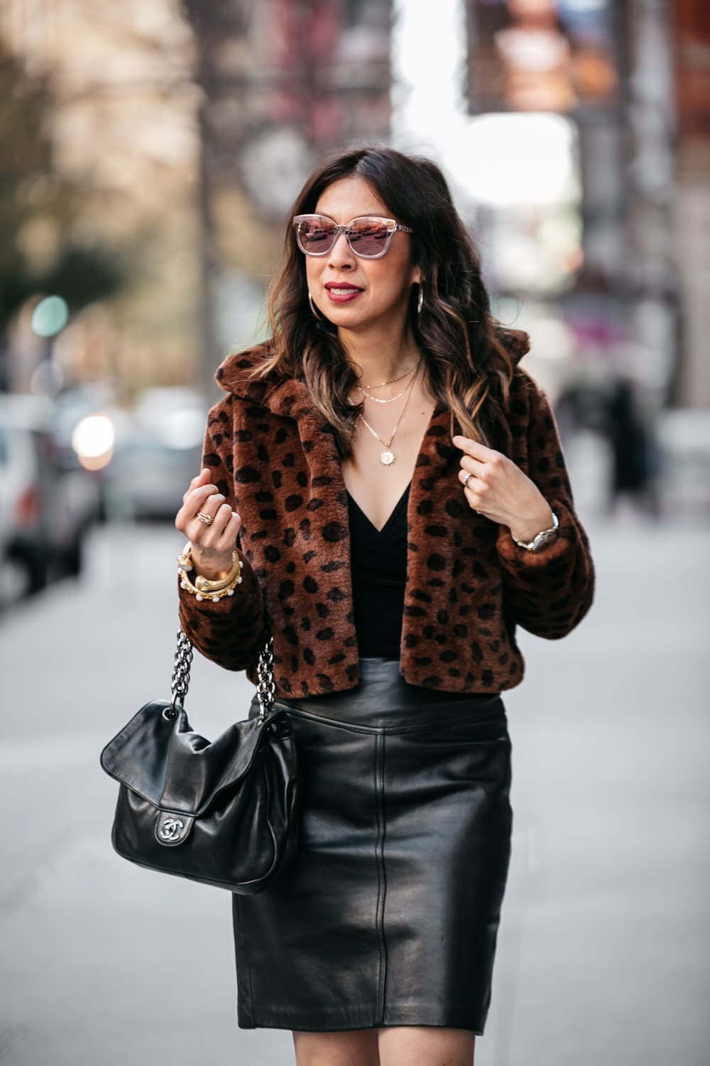 style of sam in leopard faux fur leopard teddy jacket leather skirt chanel soft and chain flap