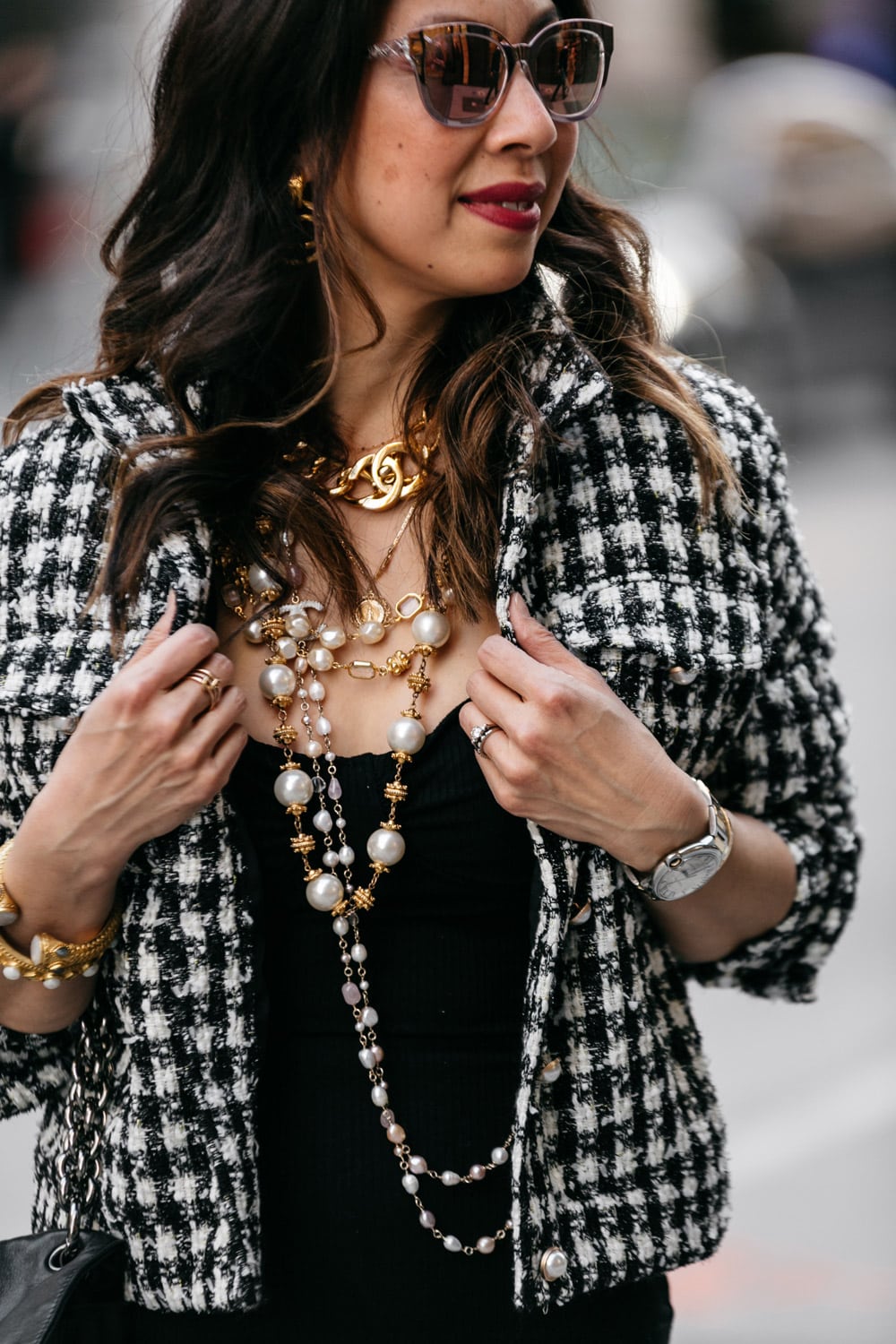 style of sam in tweed jacket vintage chanel earrings pearl necklaces
