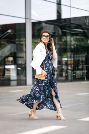style of sam in banana republic floral wrap maxi dresses for wedding guests