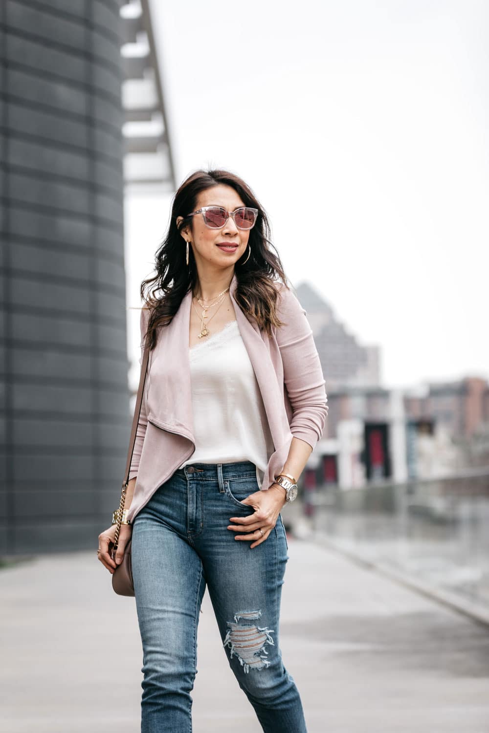 style of sam in blush pink draped jacket, levi's cropped jeans 
