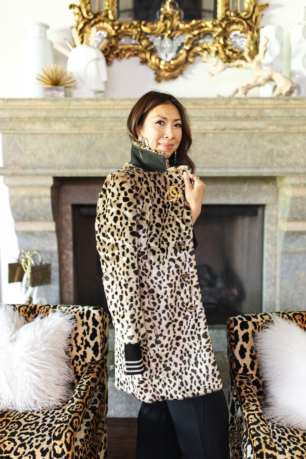 style of sam in cabi josephine leopard coat at home with leopard parson chairs