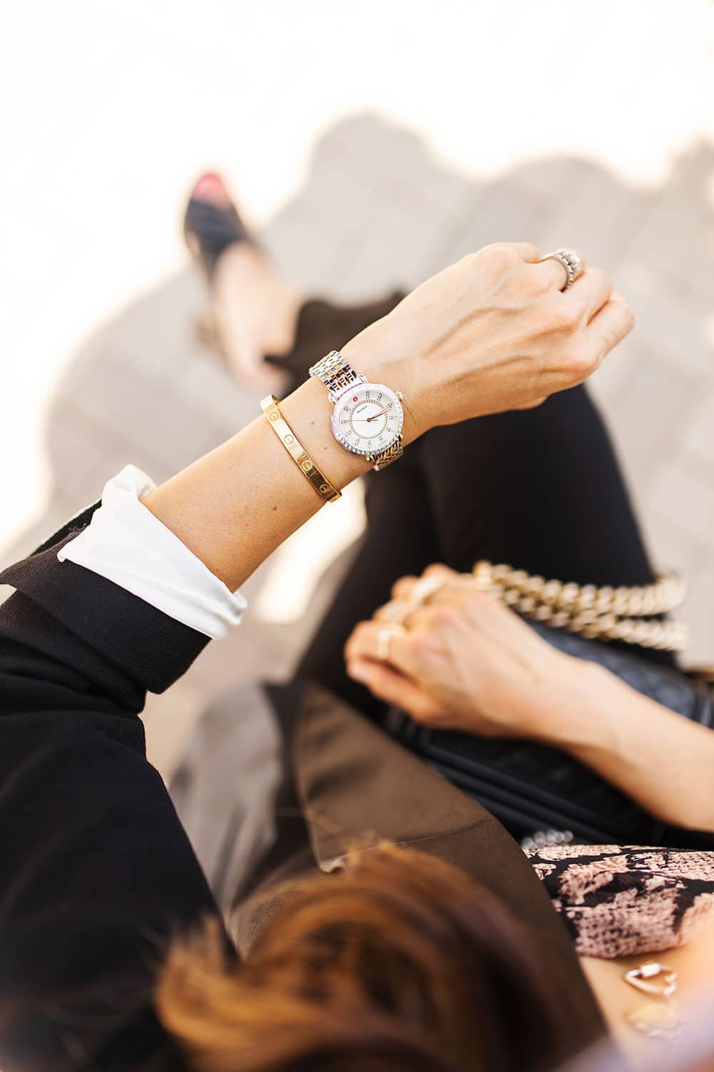 style of sam in michele sidney diamond bezel gold silver watch with cartier love bracelet