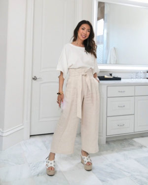 style of sam in tribe alive basic top and lafayette 148 linen wide pants