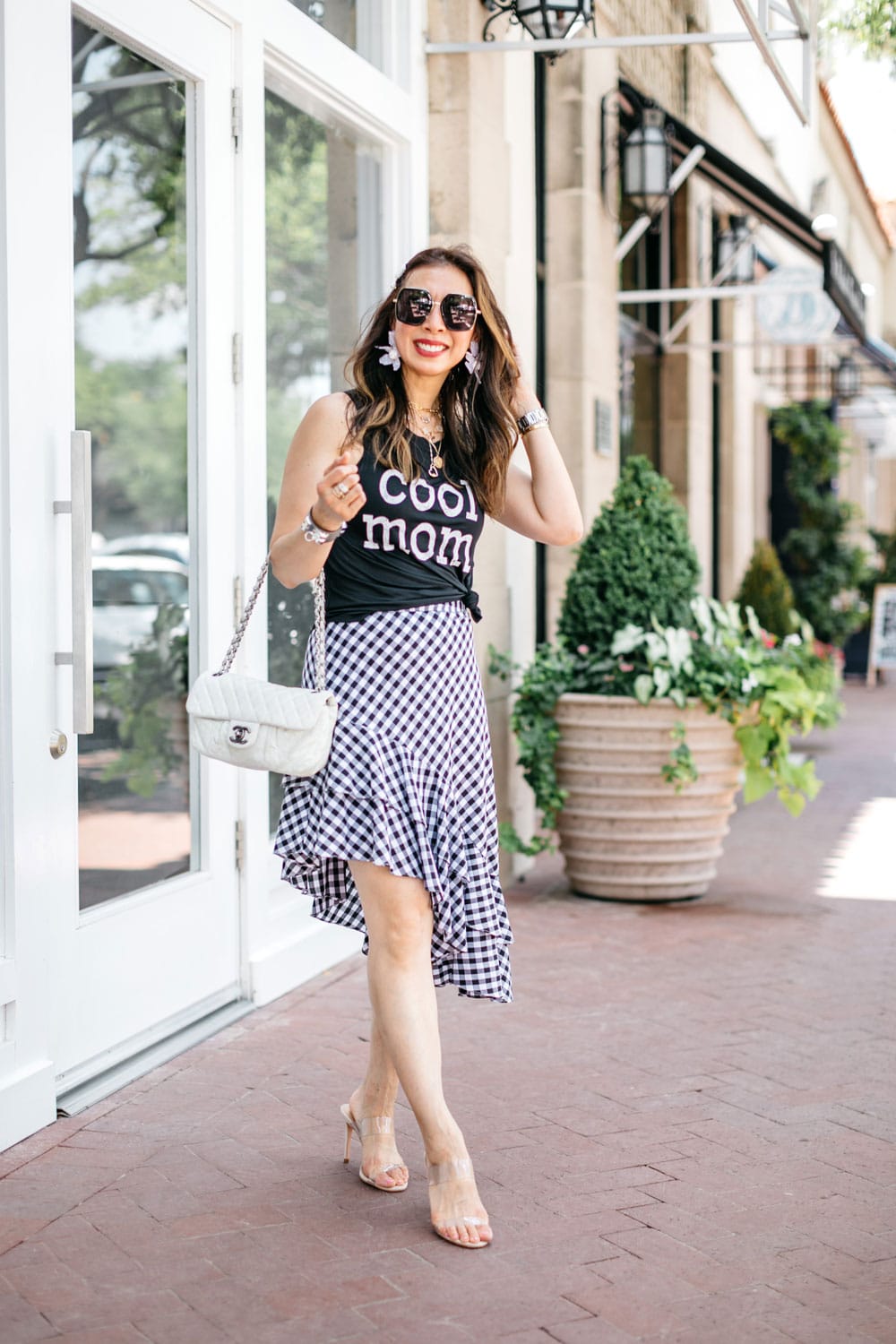 style of sam in cool mom tee and gingham skirt from target