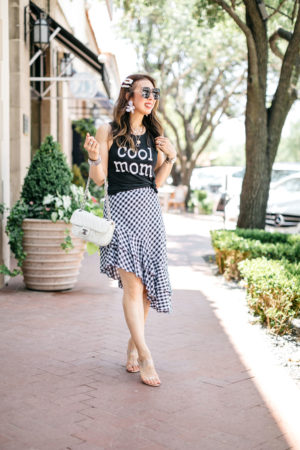 style of sam in cool mom graphic tee & gingham skirt from target, white chanel e/w flap