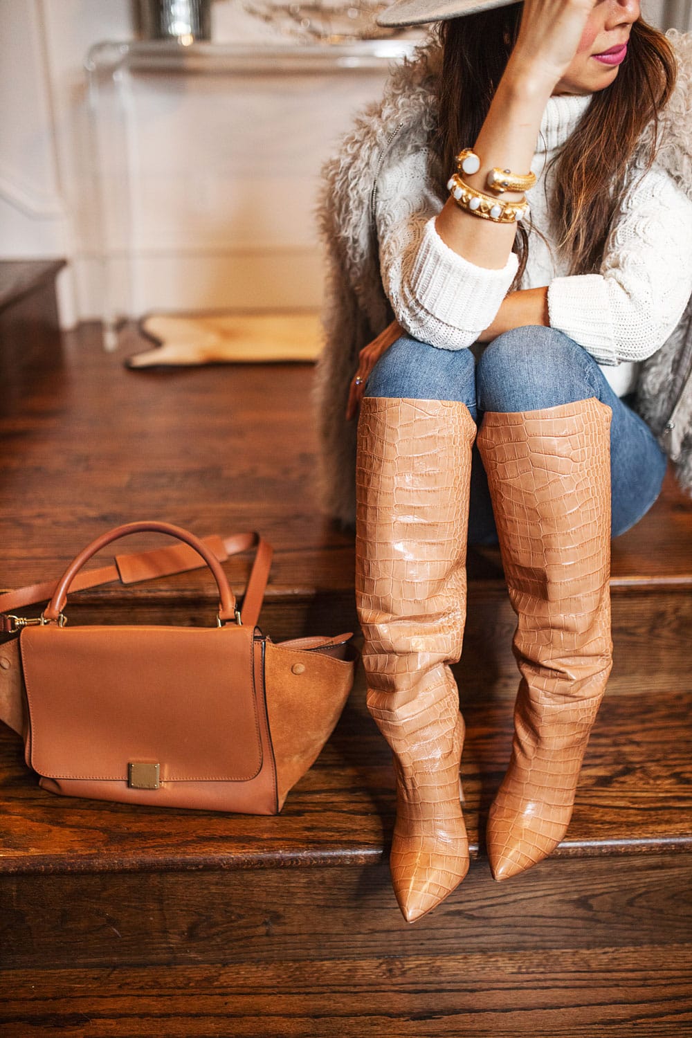 style of sam in winter outfit idea -paris texas croc effect camel boots and celine trapeze bag