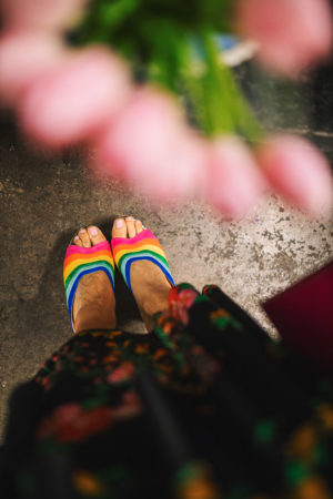 style of sam in dark floral cabi drama skirt & louboutin rainbow wedges