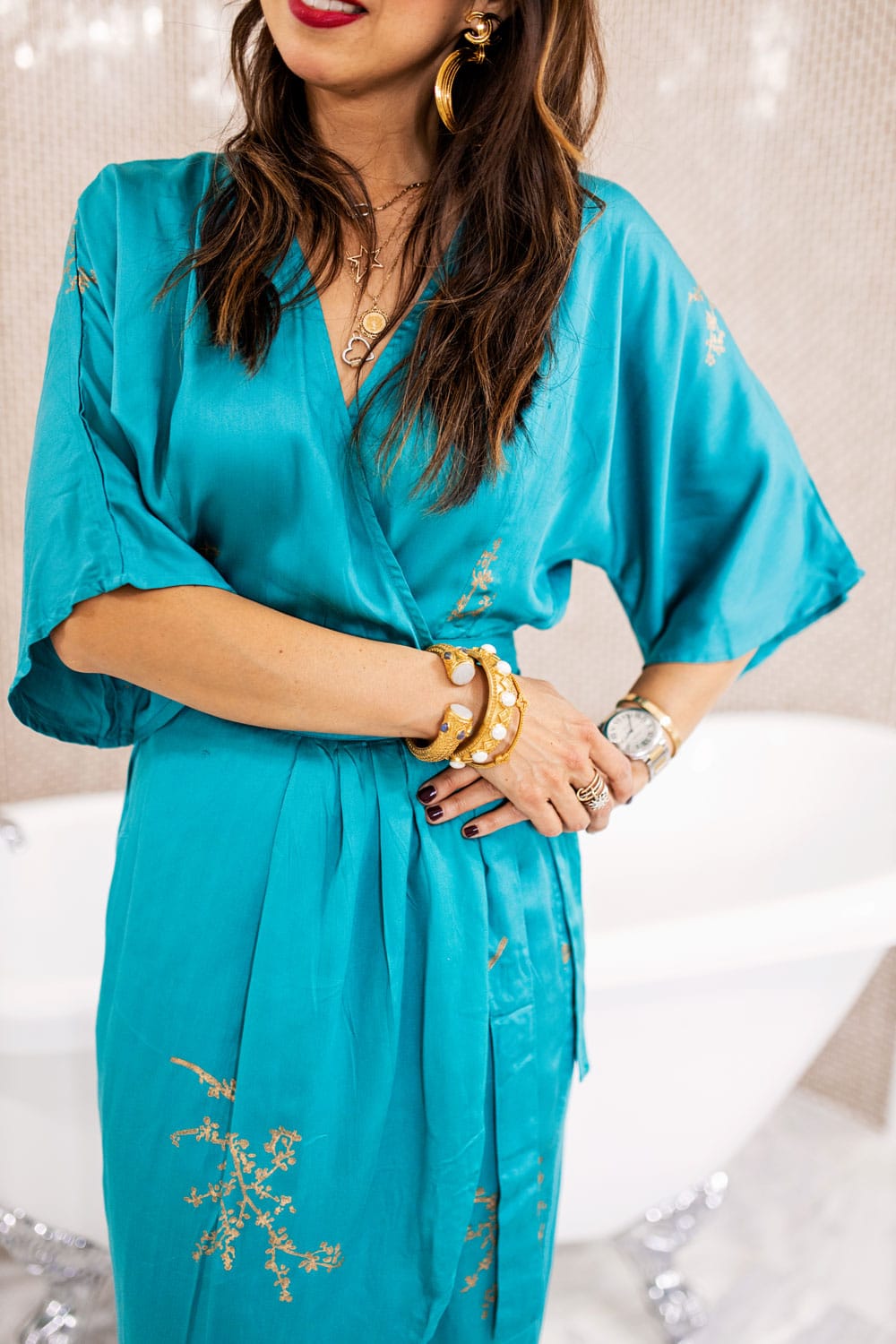 style of sam in symbology clothing emerald wrap dress, julie vos bangles