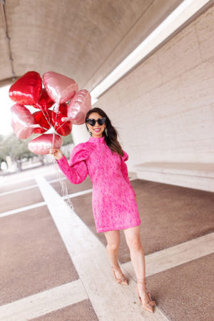 style of sam in rotate pink puff sleeve dress, dior conquest heels, heart balloons