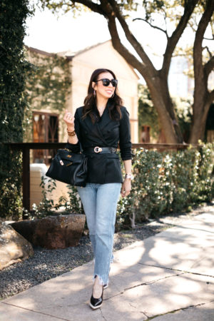 style of sam in black leather blazer, 3x1 shelter crop jeans, vintage hermes kelly 32