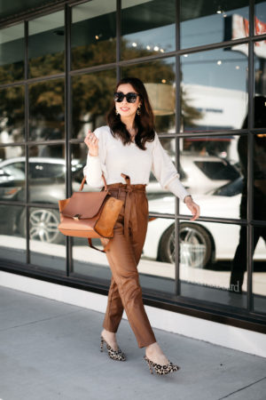 style of sam in puff sleeve top, faux leather paper bag pants, celine trapeze bag, leopard mules