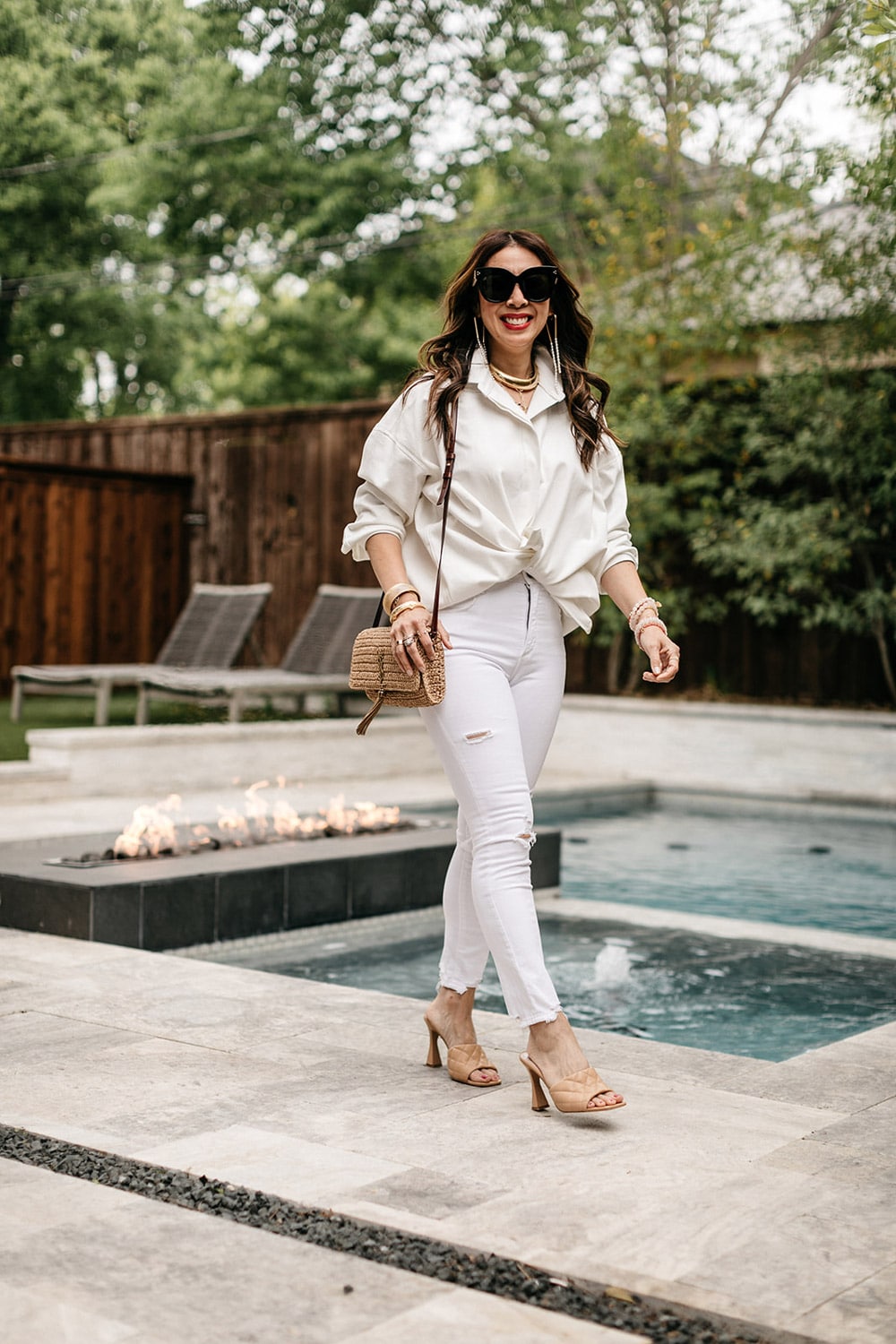 style of sam in noble 31 lolo white button down shirt, white jeans, YSL raffia bag