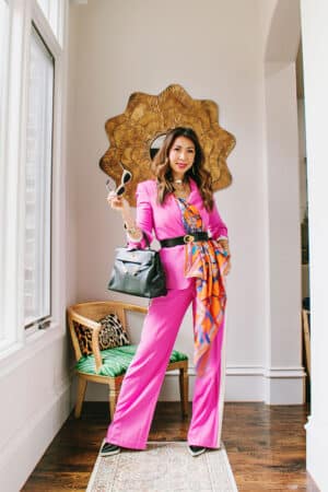 style of sam in pink suit with hermes scarf belted with blazer