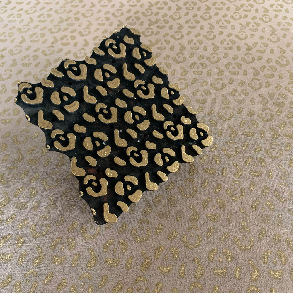 leopard block stamp used for hand stamping, co-designed sustainable dress