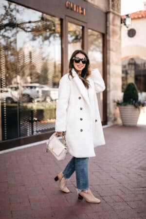 style of sam in winter white coat and small beige chanel 19 bag