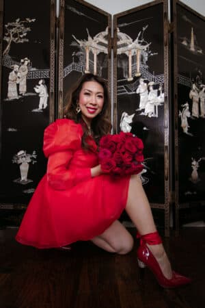 style of sam in red selkie macaron dress with roses for valentine's day chinese new year