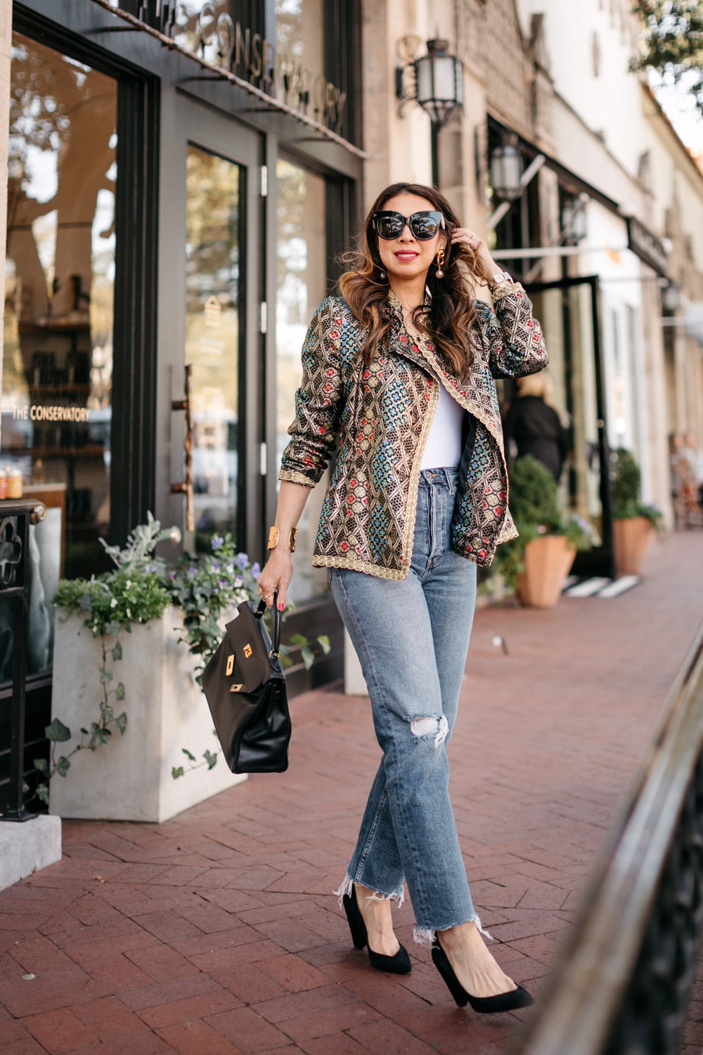 style of sam in vintage neiman marcus embellished jacket, redone jeans, vintage hermes kelly bag and chanel earrings cuff, vintage outfits