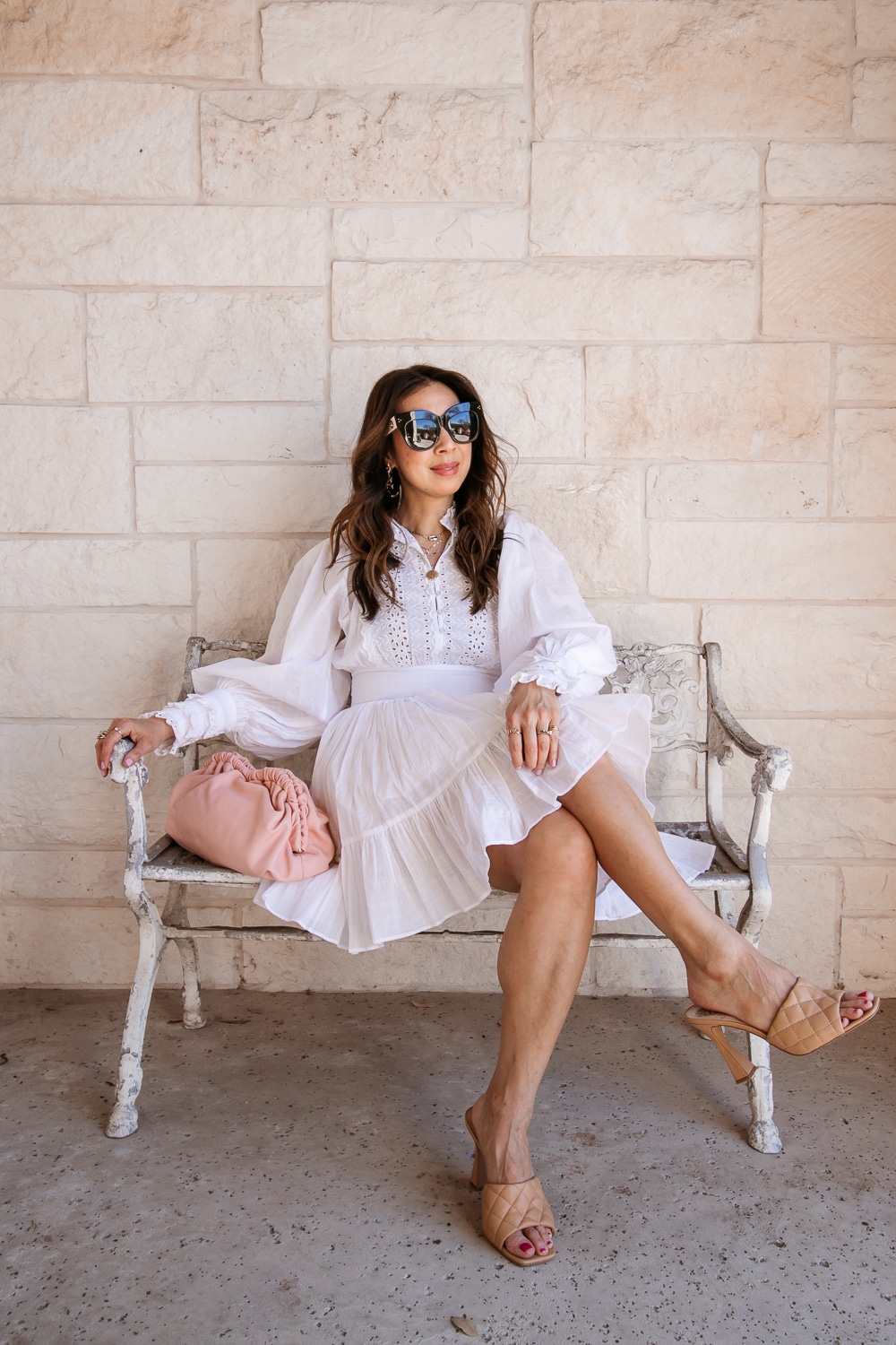 Sharing 5 Spring Essentials Every Woman Needs | Style Of Sam | White dress, neutral block heels, blush pink leather clutch 