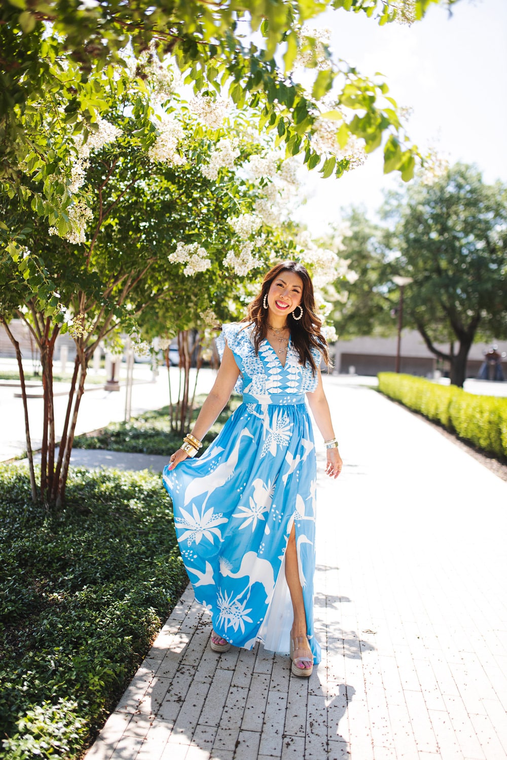 Fort Worth fashion blogger Style of Sam wearing a white and blue maxi dress for spring and summer 