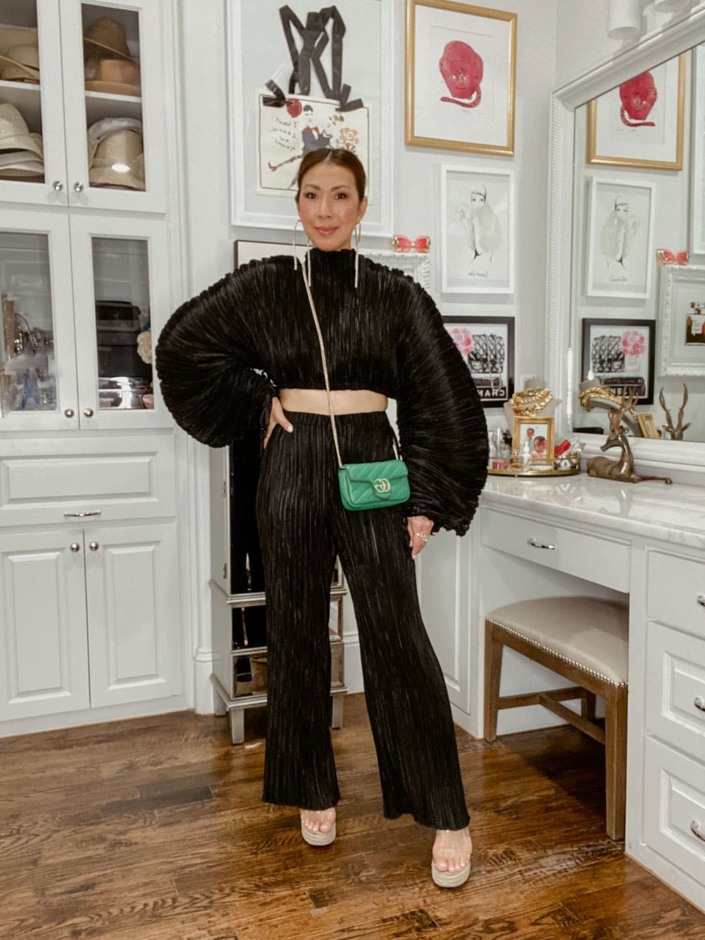 style of sam in cult gaia pleated top and pants, gucci green super mini marmont review