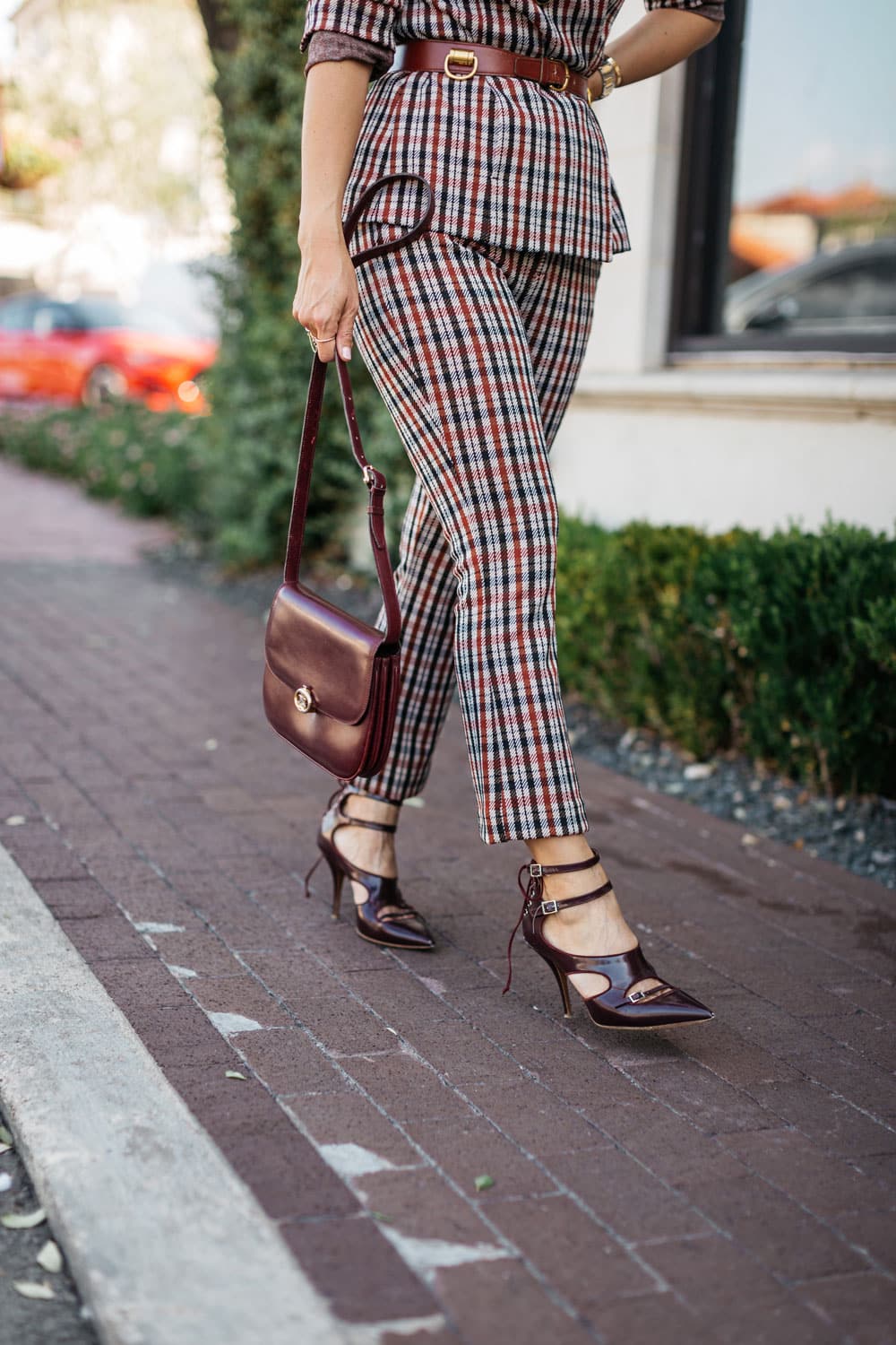 style of sam in cabi jazzy jacket and kick flare, vintage celine bag, sophia webster burgundy heels