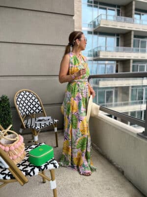 style of sam in flea style halter convertible palm leaves dress