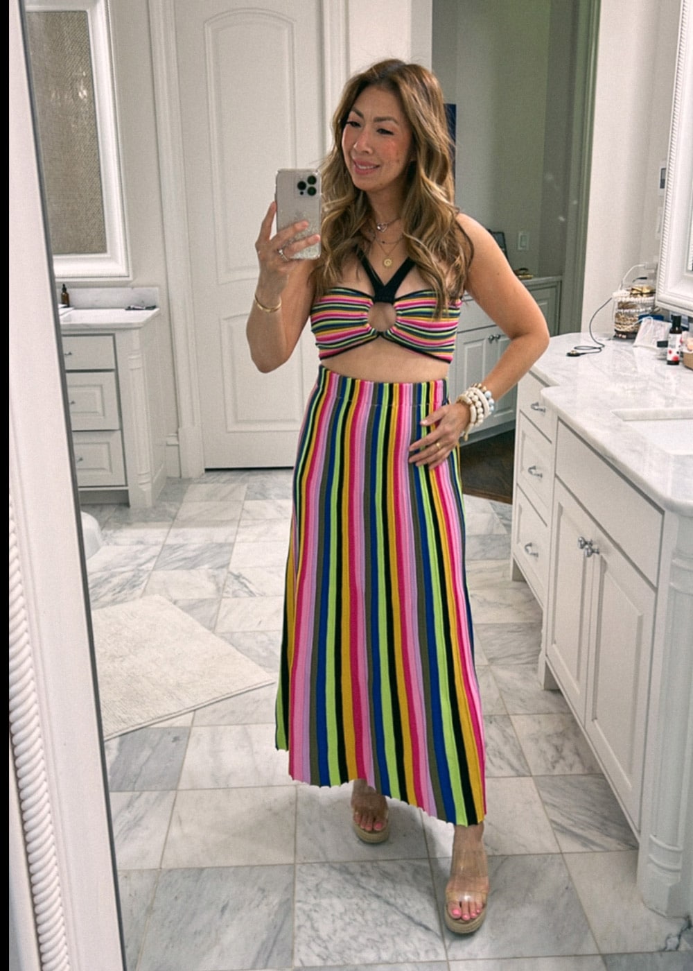 style of sam in amur rainbow crop top skirt set, beach vacation outfit