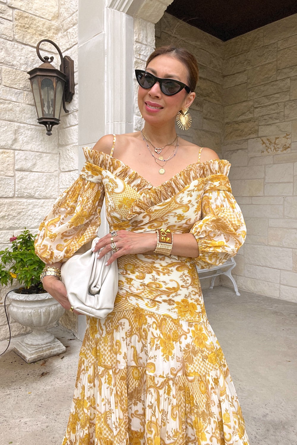 style of sam in zimmermann yellow floral off the shoulder skirt set, how to dress confidently
