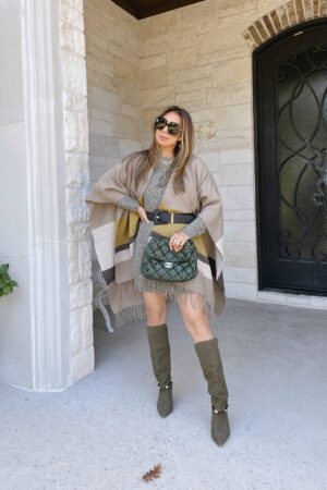 style of sam in cabi travel cape sweater dress, chanel bubble quilt bag, isabel marant army green boots