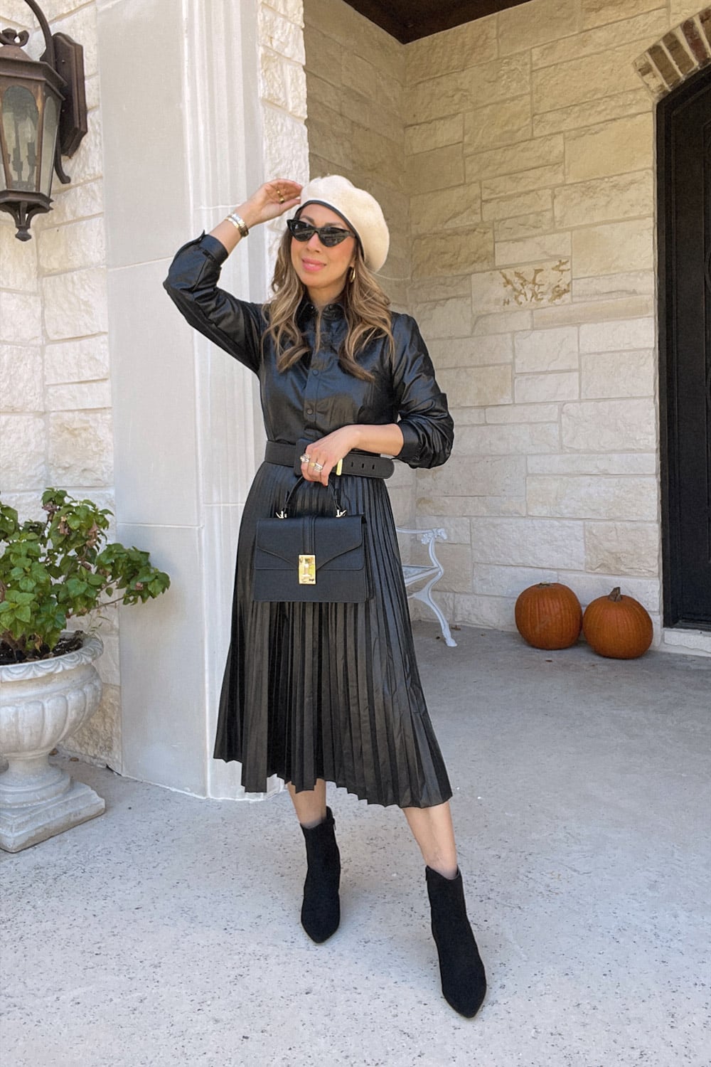 style of sam in walmart vegan leather dress, beret, french look