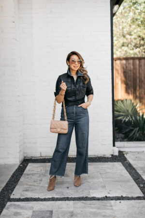 style of sam in reformation denim jumpsuit, kut from the kloth coated denim jacket