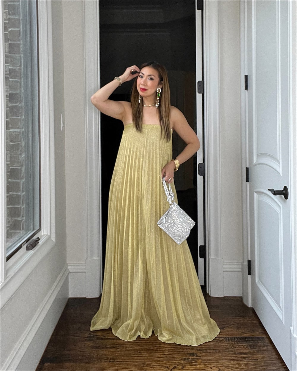 style of sam in halston strapless gold pleated dress, best cyber sales 2022