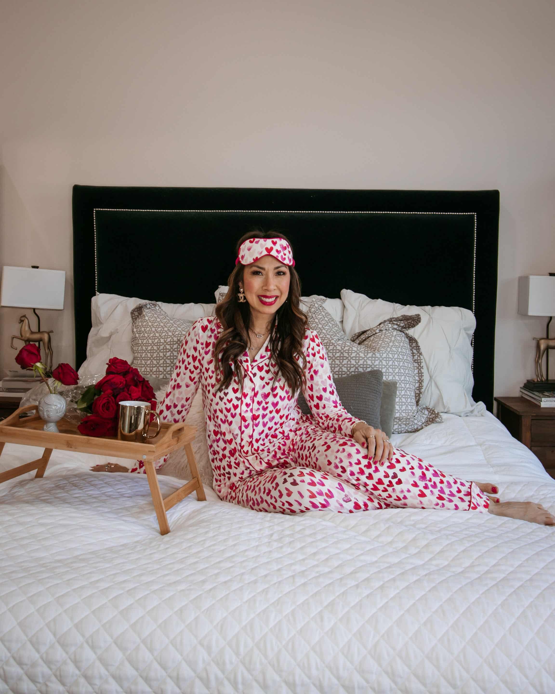style of sam in soma heart pajamas and matching sleeping mask, valentine's day outfit idea