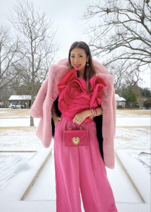 style of sam in pink HM metaverse ruffle top, maison ESSENTIELE silk, budhagirl bracelets, apparis faux fur coat, pink valentine's day outfit