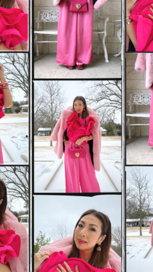 style of sam in pink HM metaverse ruffle top, maison ESSENTIELE silk, chanel birdcage earrings, budhagirl bracelets, apparis faux fur coat, pink valentine's day outfit