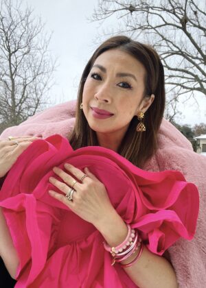 style of sam in pink HM metaverse ruffle top, maison ESSENTIELE silk, chanel birdcage earrings, budhagirl bracelets, apparis faux fur coat, pink valentine's day outfit