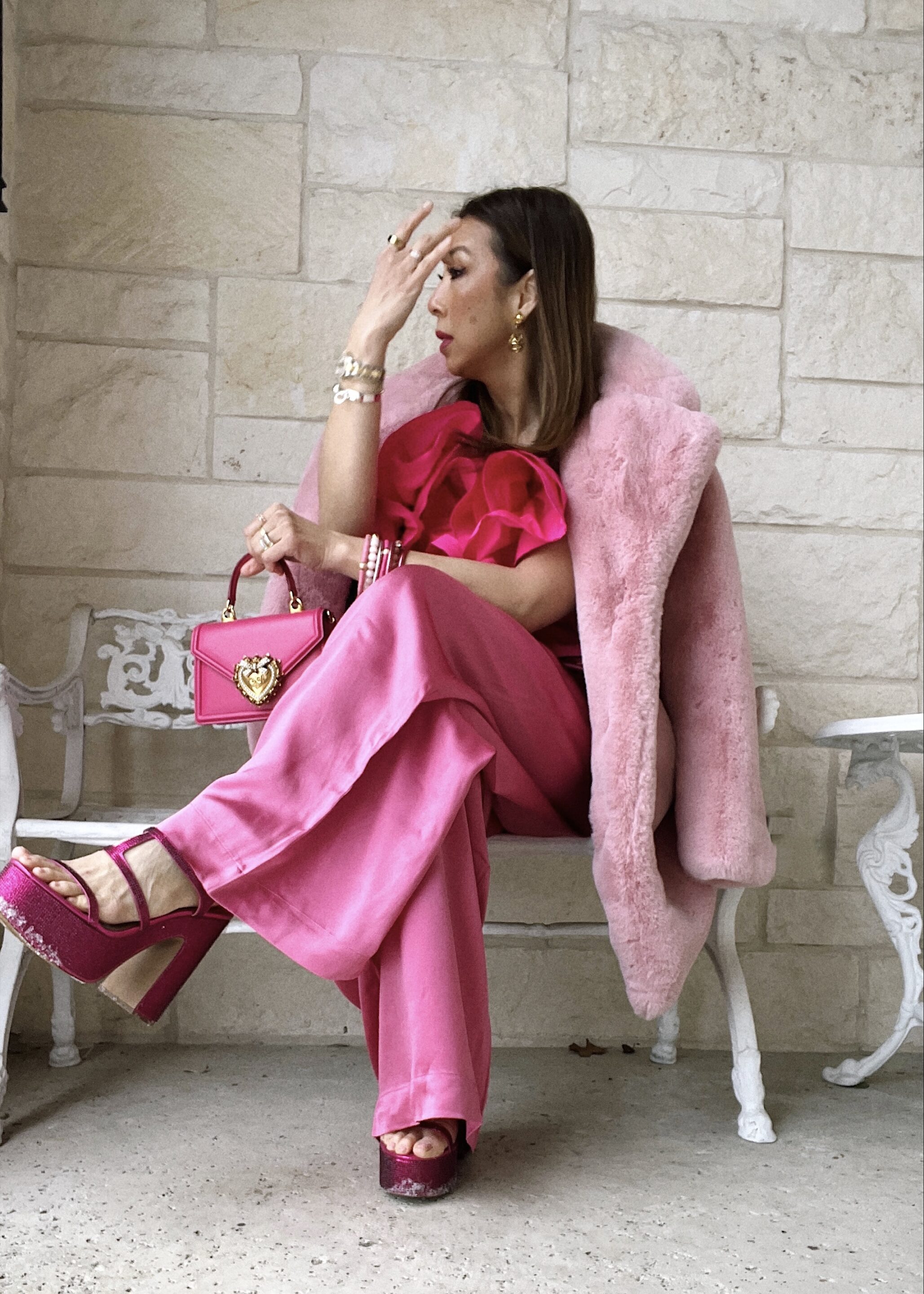 style of sam in pink HM metaverse ruffle top, maison ESSENTIELE silk satin wide leg pants, dolce & gabbana devotion bag, apparis faux fur coat, pink valentine's day outfit