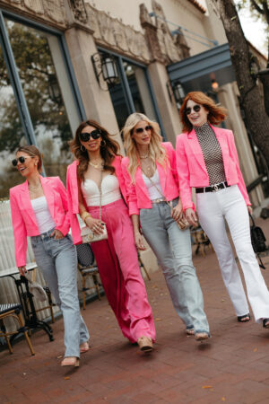 chic at every age in pink cropped blazer, one blazer four ways