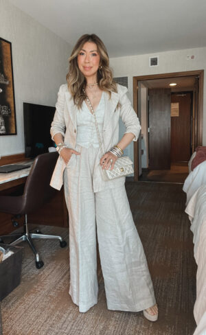 monochromatic dressing, style of sam in laude the label linen relaxed blazer and hepburn pants, reformation linen vest